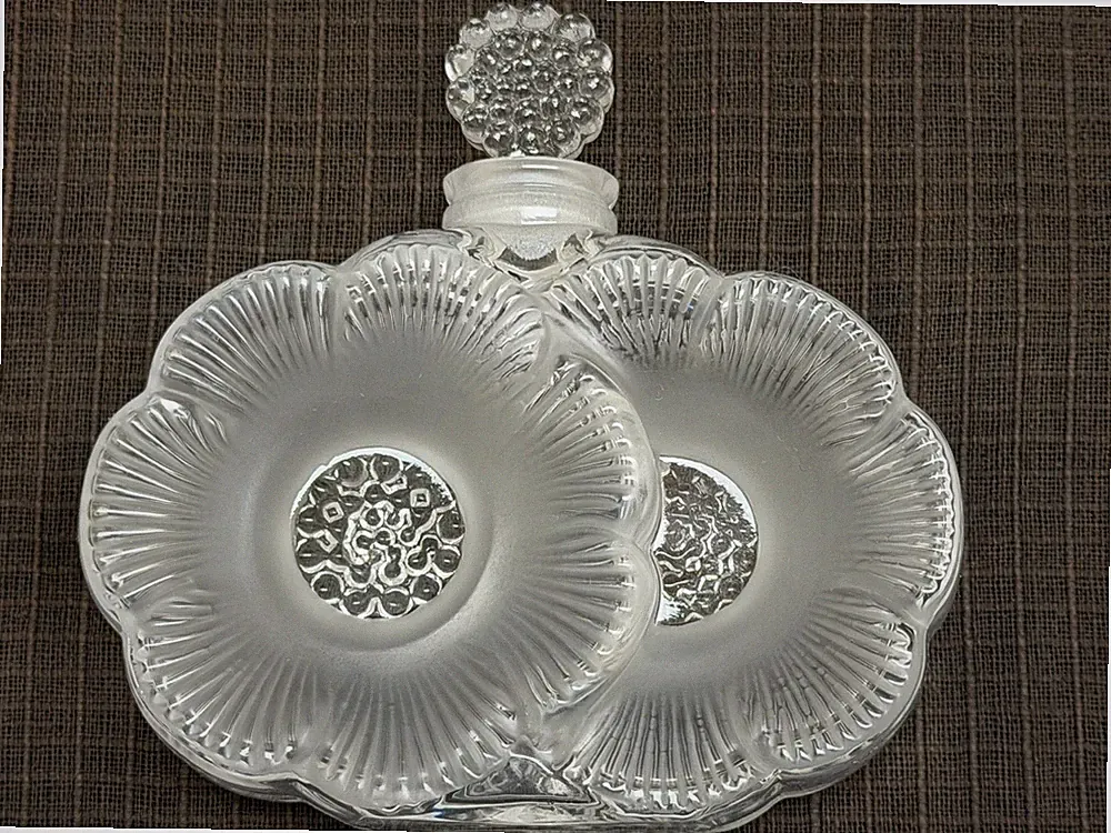 LALIQUE DEUX FLEURS TWO FLOWERS PERFUME BOTTLE CRISTAL SIGNED PARTIAL LABEL